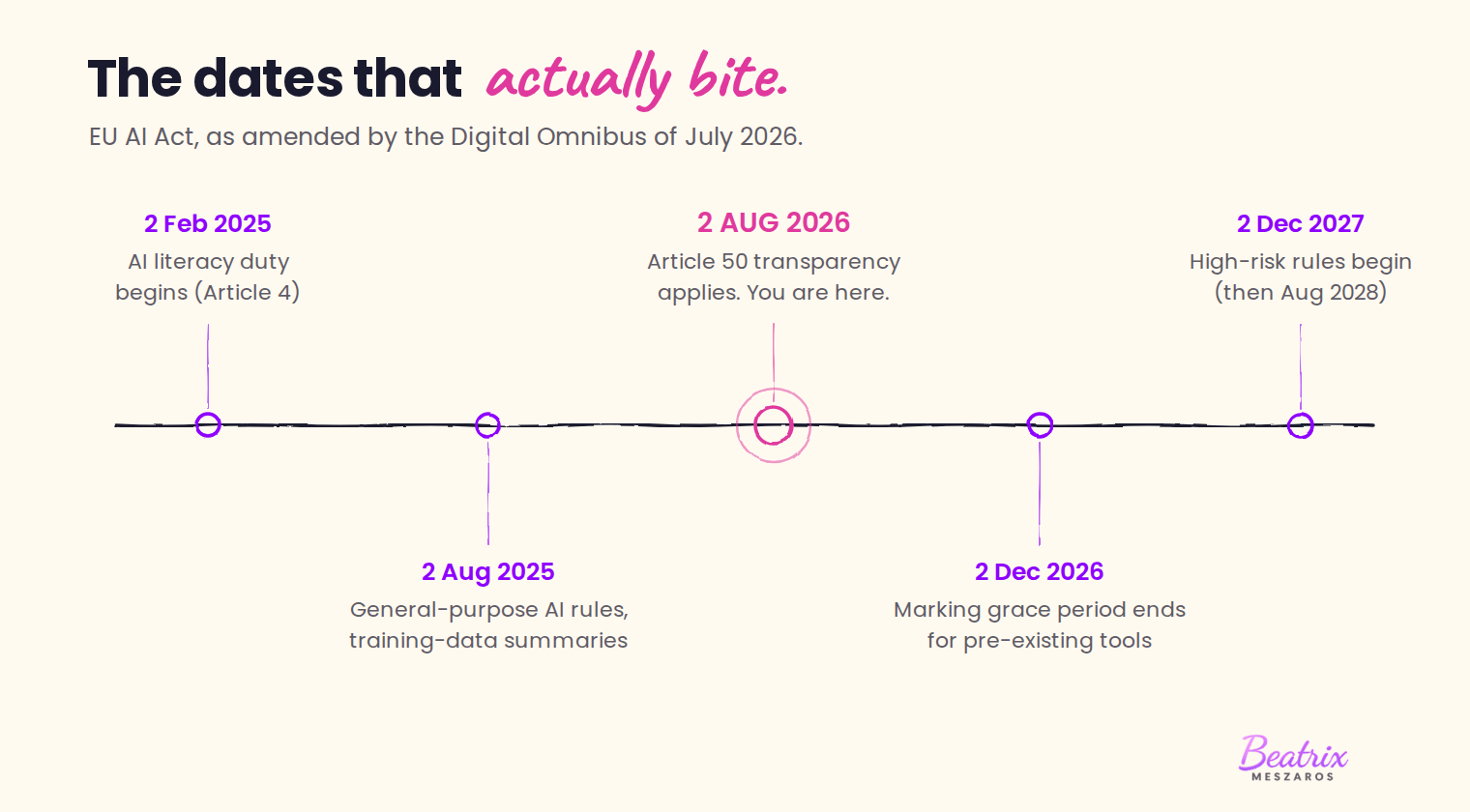 A hand-drawn timeline of EU AI Act dates: 2 February 2025 the AI literacy duty begins under Article 4, 2 August 2025 general-purpose AI rules and training-data summaries, 2 August 2026 Article 50 transparency applies and is marked you are here, 2 December 2026 the marking grace period ends for pre-existing tools, and 2 December 2027 when the first high-risk rules begin, with the rest following in August 2028.