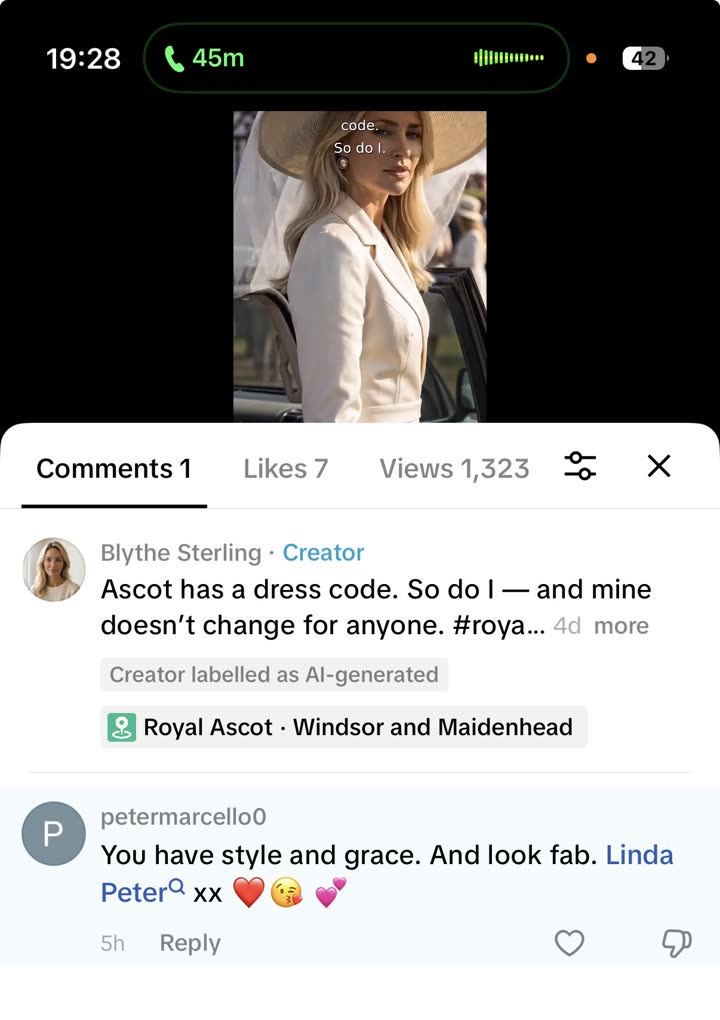 A commenter writes 'You have style and grace. And look fab' under the Ascot video, which is labelled AI-generated.