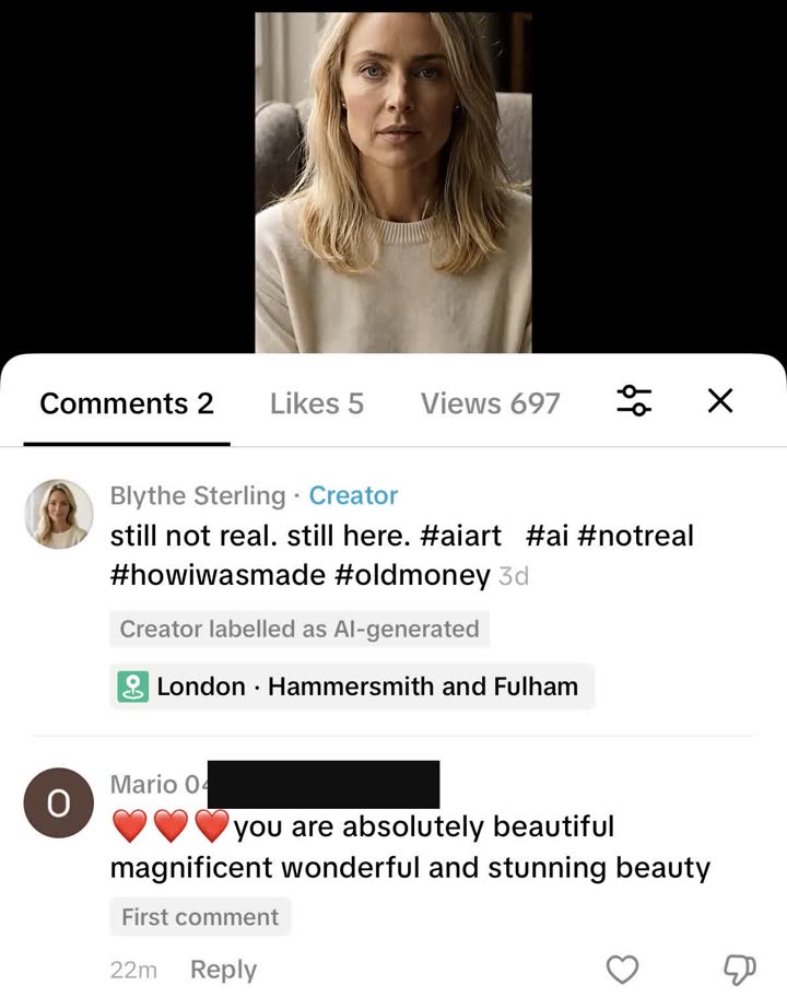 A commenter writes three red hearts and 'you are absolutely beautiful magnificent wonderful and stunning beauty' under a Blythe video captioned 'still not real. still here.'