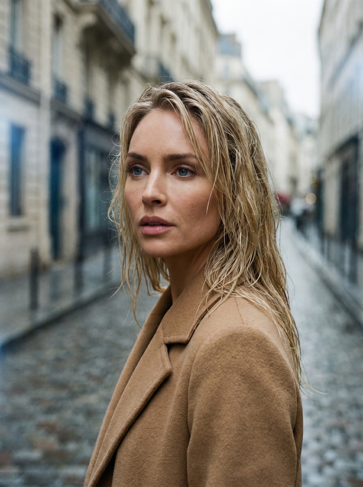 Blythe Sterling — AI-generated portrait, camel coat on a London street