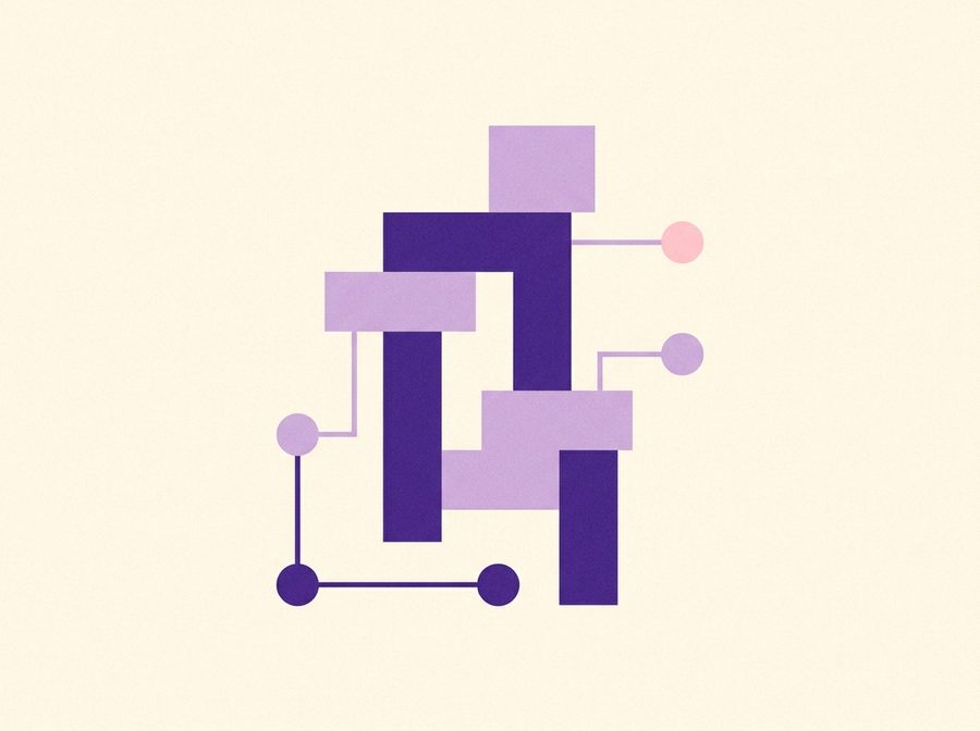 Abstract illustration of modular blocks assembling into a stable structure, representing an AI workflow build day