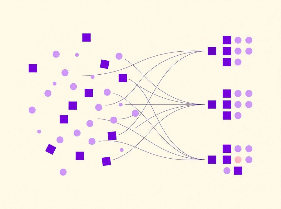 Abstract illustration of scattered shapes being sorted into ordered clusters, representing AI workflow discovery